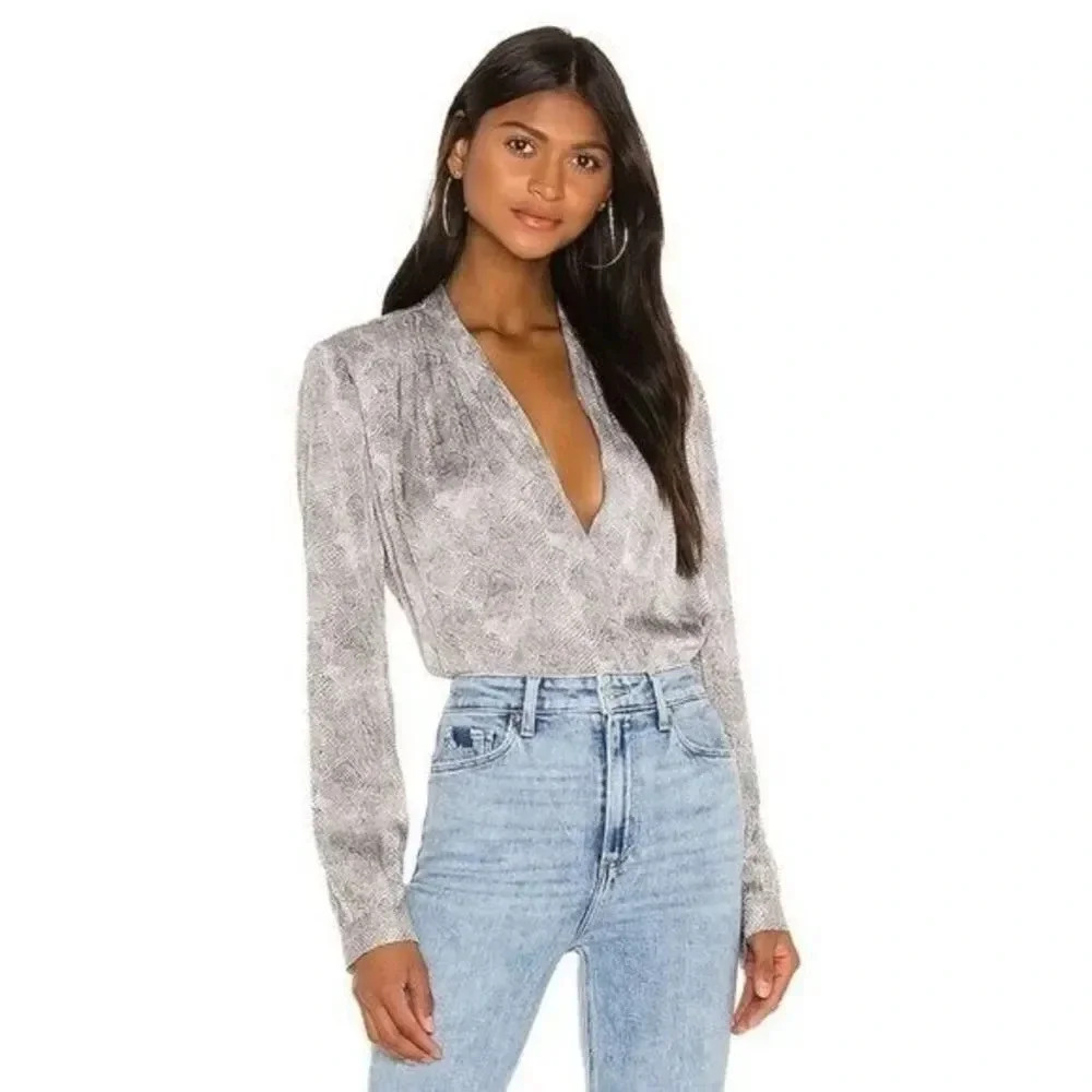 Paige Sevilla Snake Print Silver Satin Wrap Bodysuit S